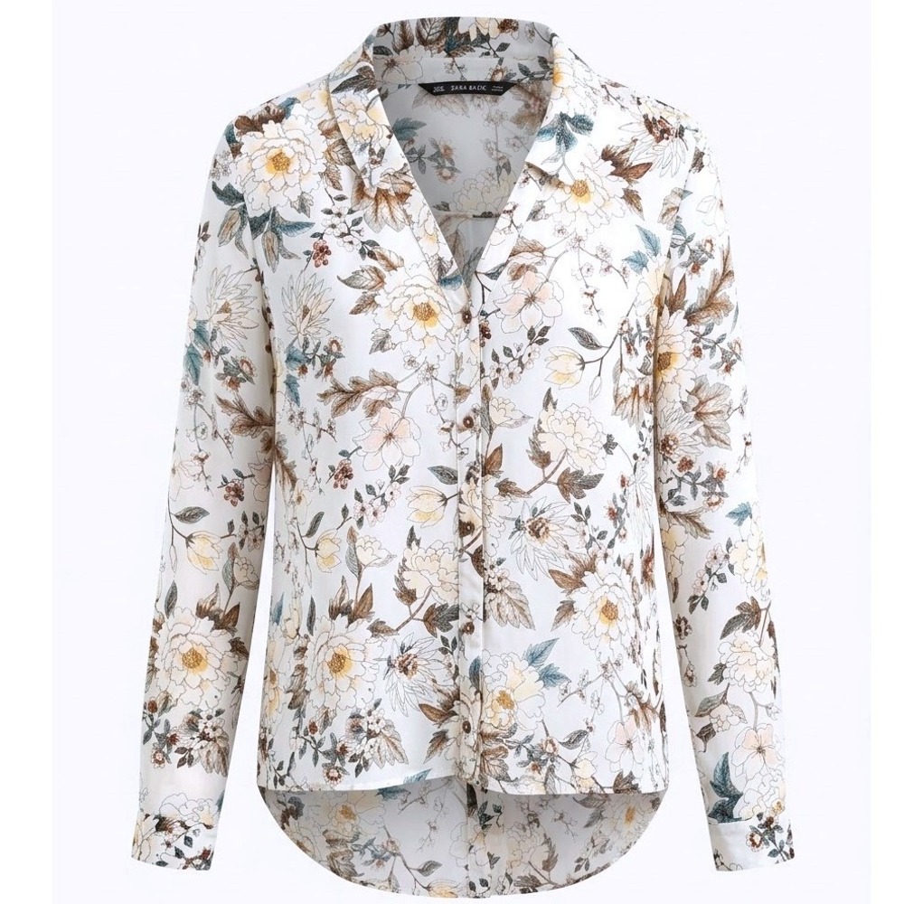 Zara Basic Collection Light Academia Boho Floral Shirt Cream Tan Long Sleeve M